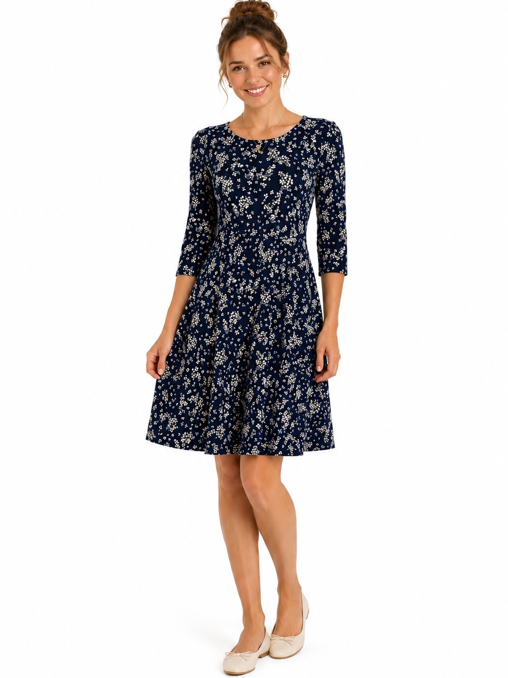 NWT Navy Blue Floral Knit Swing Dress with Pockets Size Small (4-6)